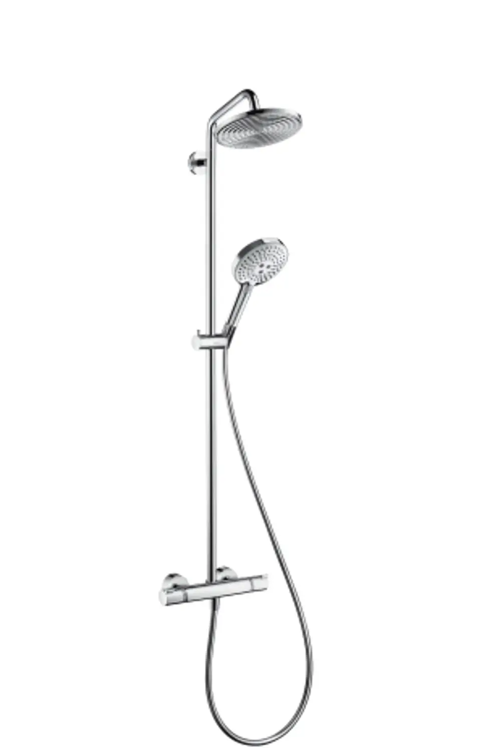 Hansgrohe Duschsystem mit Regenbrause und Handbrause, montiert an einer vertikalen Stange, inklusive Thermostat zur Temperaturregelung.
